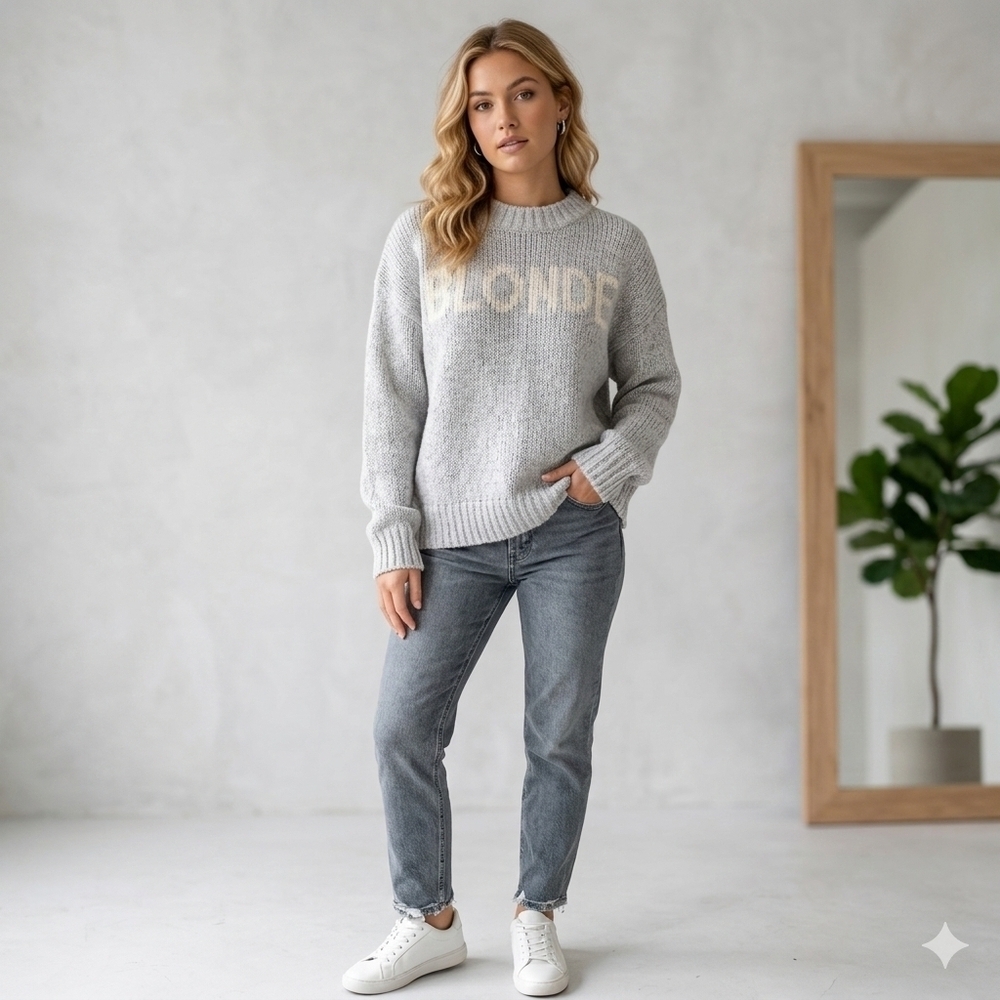Brunette The Label Gray "BLONDE"   Sweater Size Med
